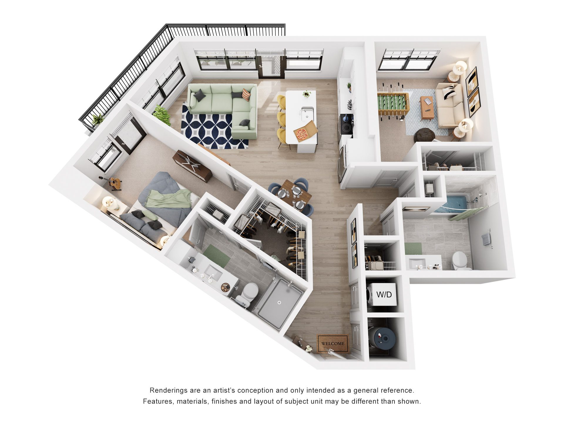 Floor plan for 2 beds, 2 baths, 1216 sqft
